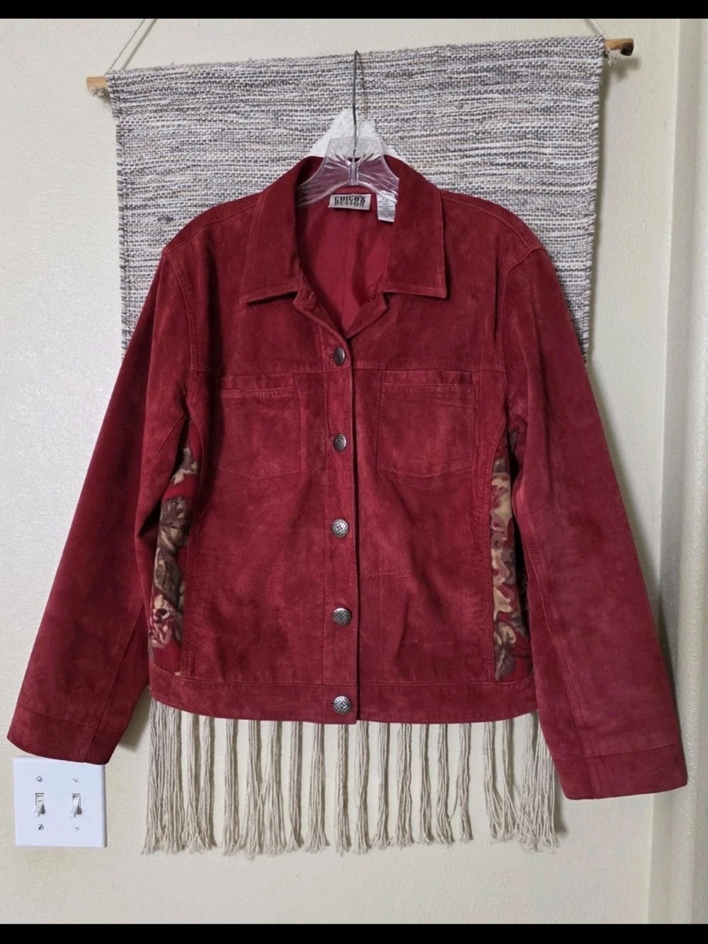 Chico’s Design Red Suede Leather Jacket Women’s Size M Floral Back Western Boho